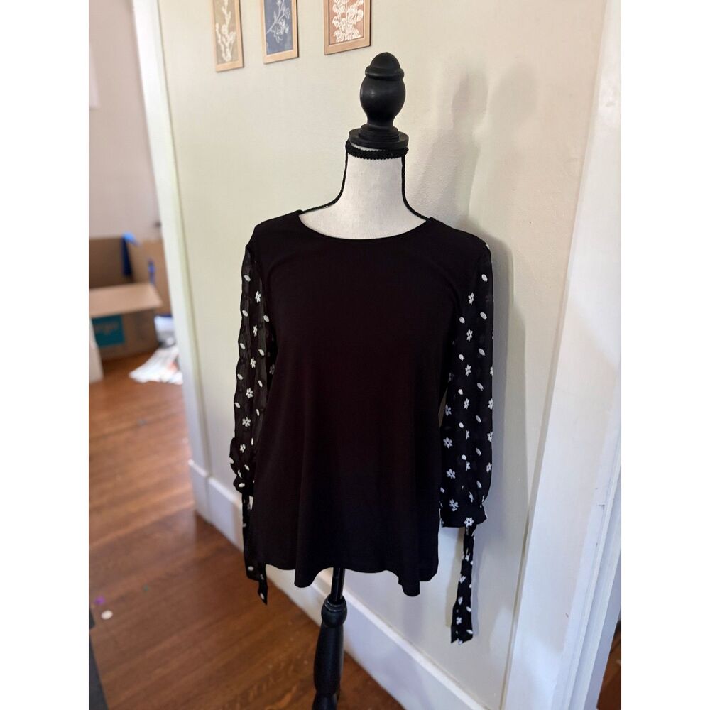 CeCe Black Knit Top with Sheer Floral Embroidered Tie Sleeves | Size Medium